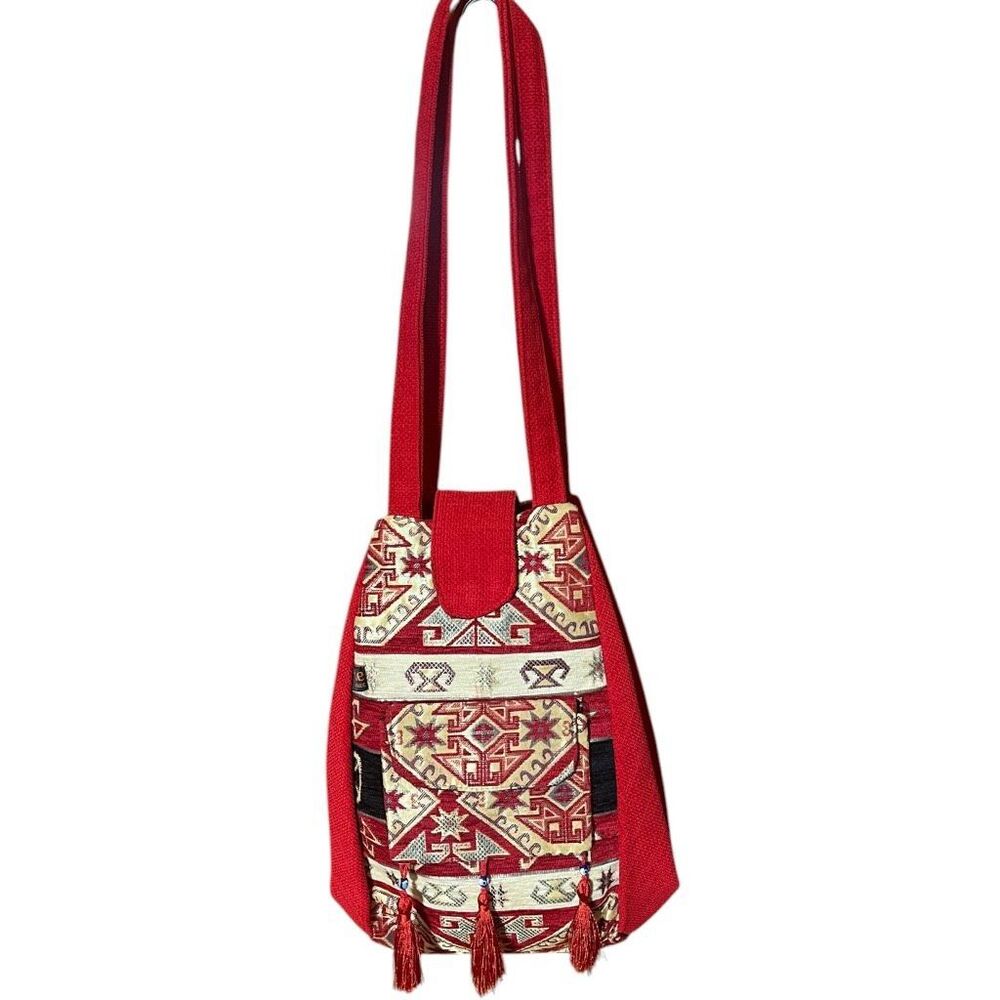 Kilim Tapestry Red Folk Art Evil Eye Magnetic & Zip Shoulder Bag